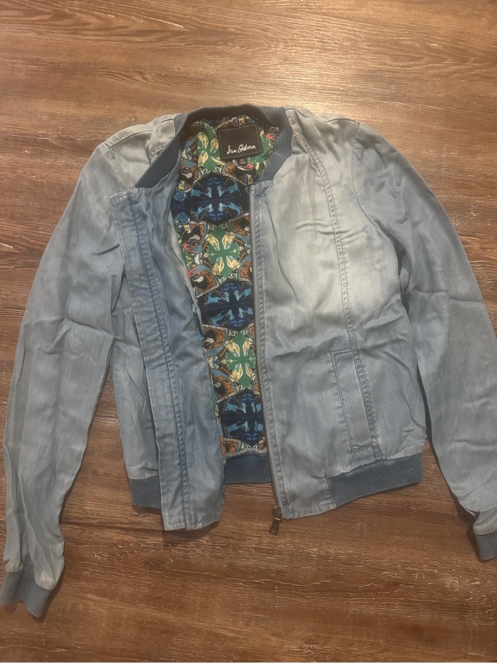 Sam Edelman Light Blue Denim-Style Bomber Jacket with Colorful Lining